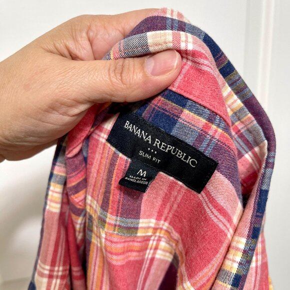 Banana Republic Slim Fit Red Plaid Long-Sleeve Button-Up Shirt‎ 100% Cotton Size - Picture 3 of 10